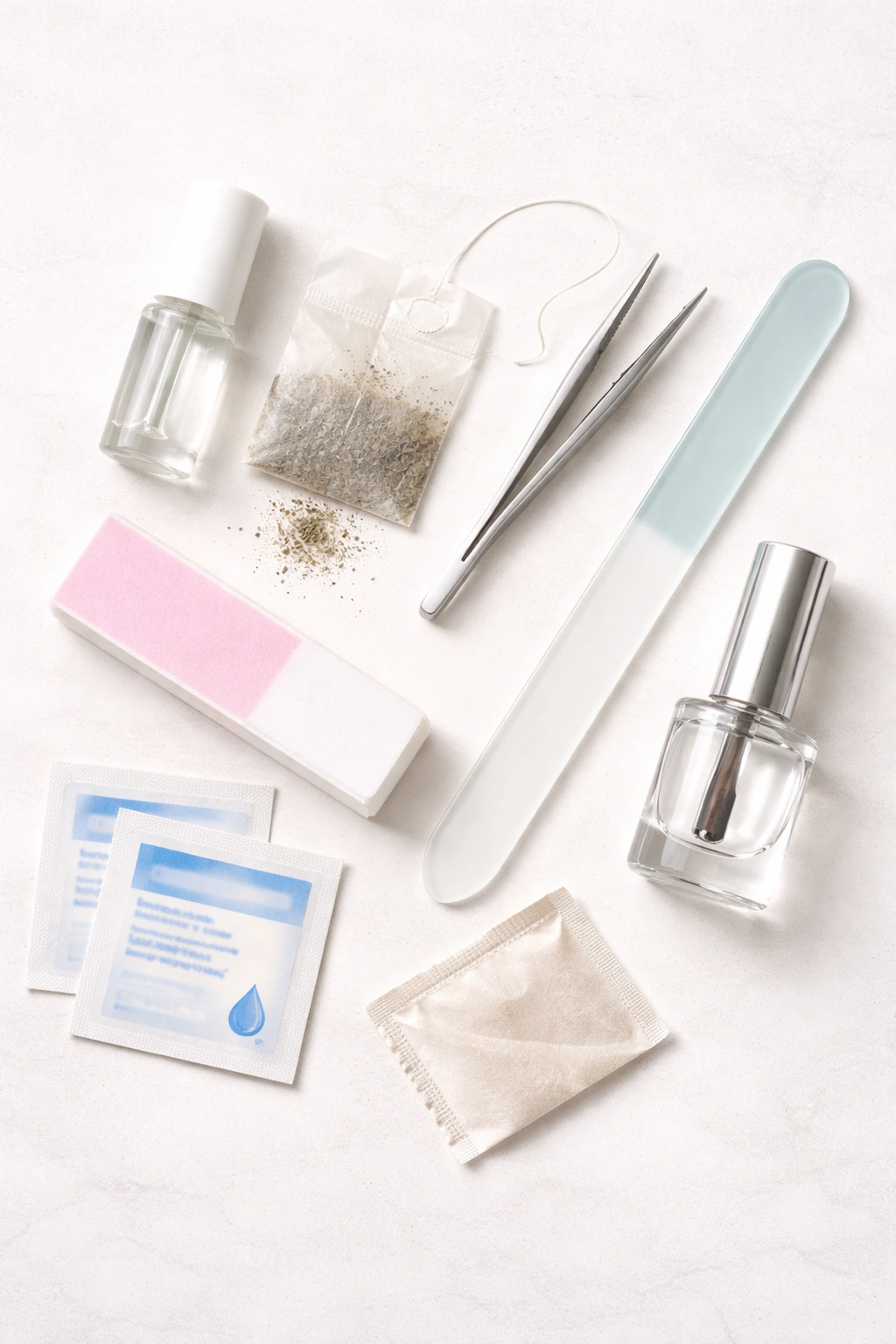Flat lay of essential nail repair tools and supplies