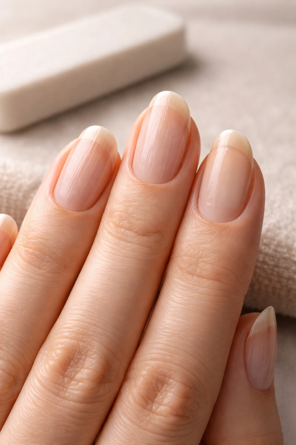 Close-up of nails with ridges and thinning showing shape maintenance