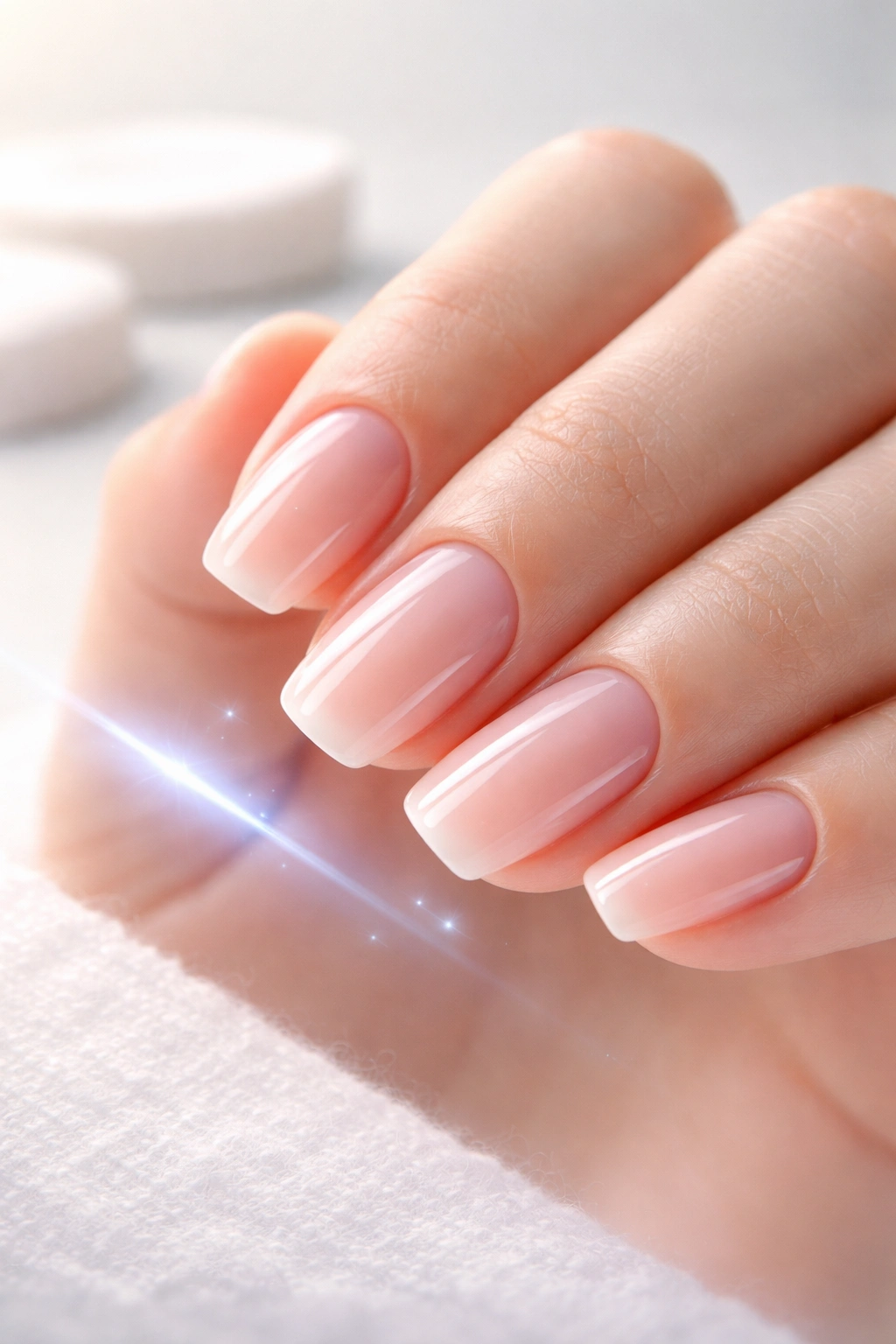 Close-up of well-manicured nails under clinical lighting indicating safety considerations