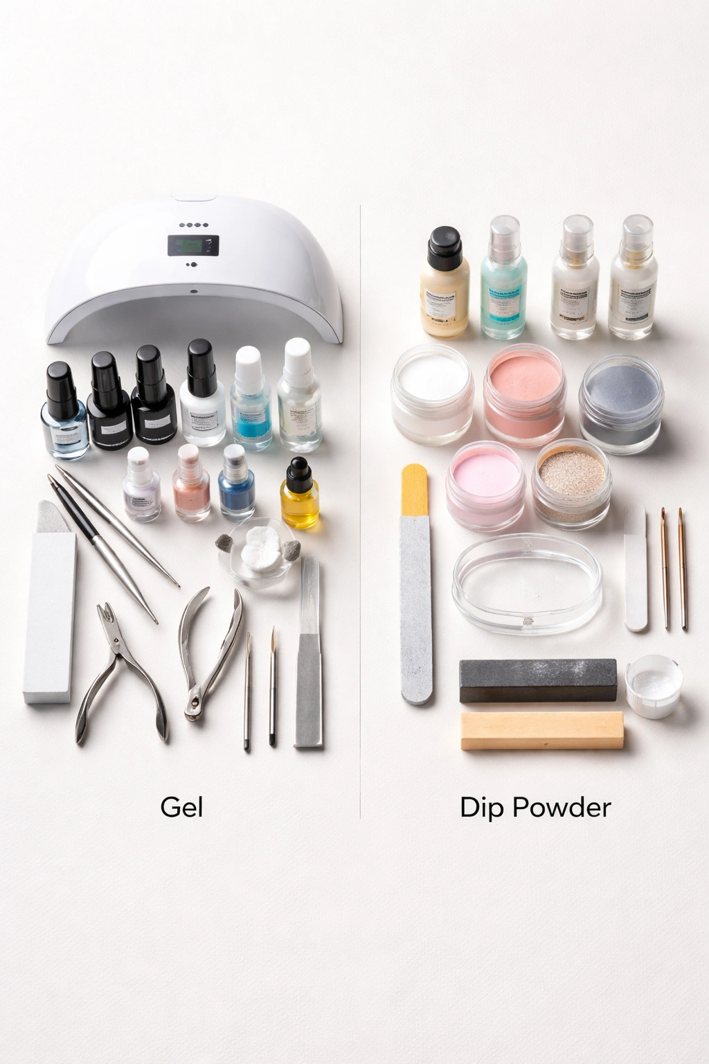 Top-down view of two manicure setups contrasting gel and dip powder toolkits on a clean desk
