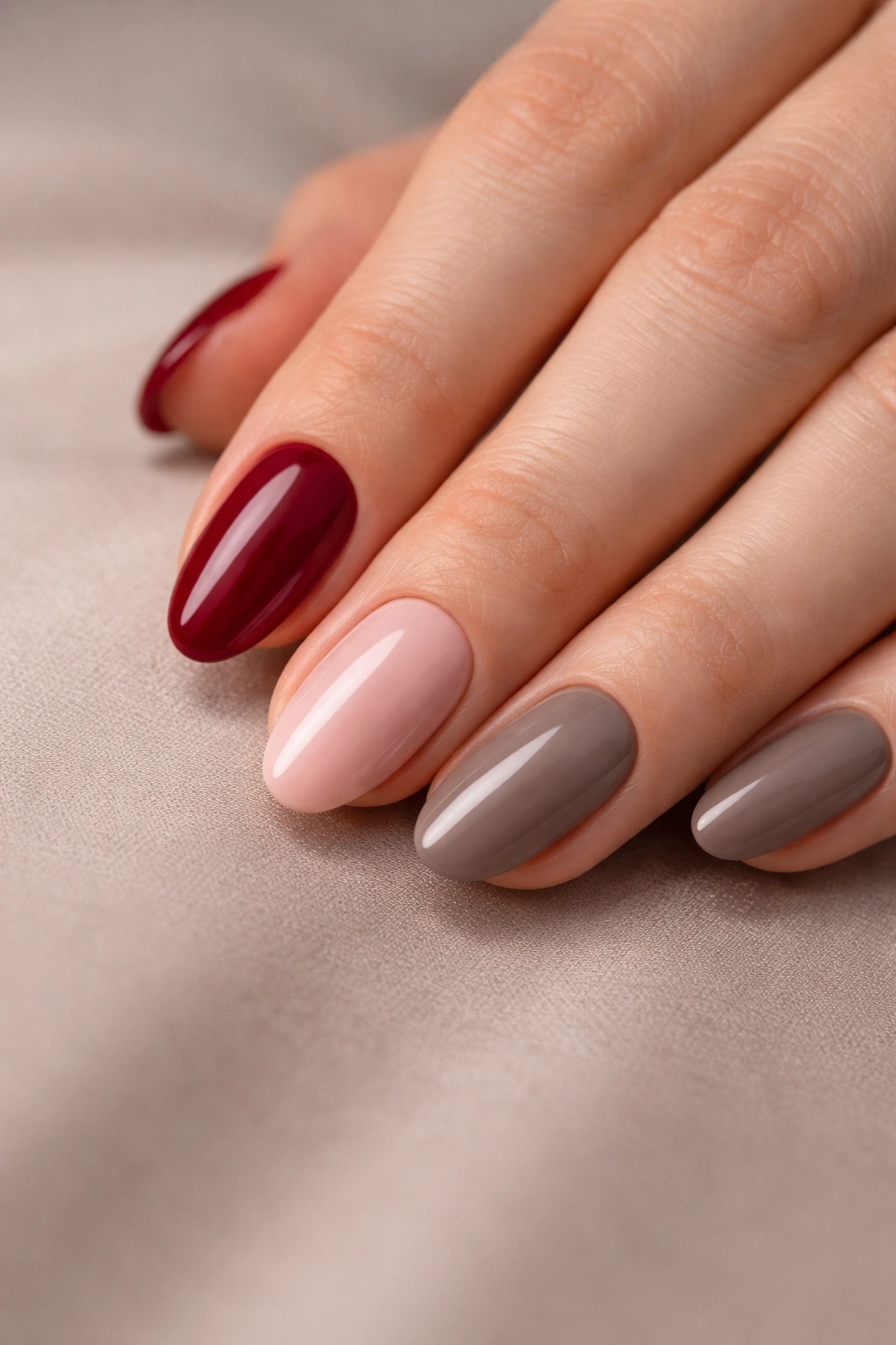 Close-up of a hand showing nude, burgundy, and champagne metallic nail shades