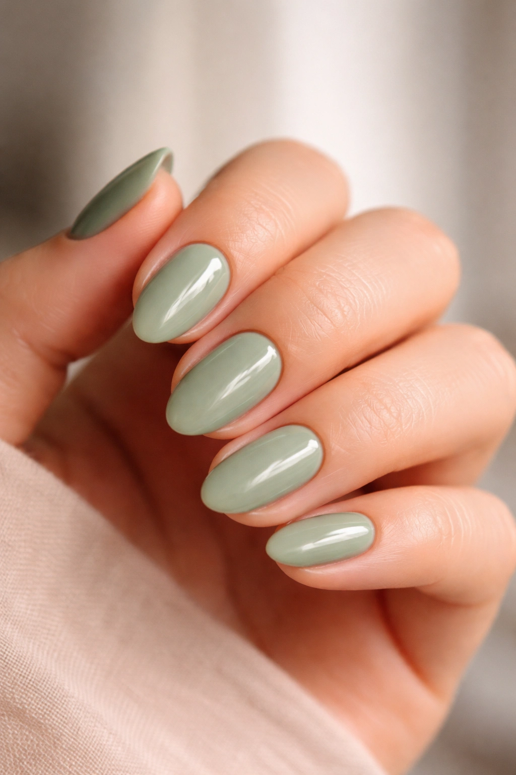 Close-up of neatly shaped short almond nails with clean edges