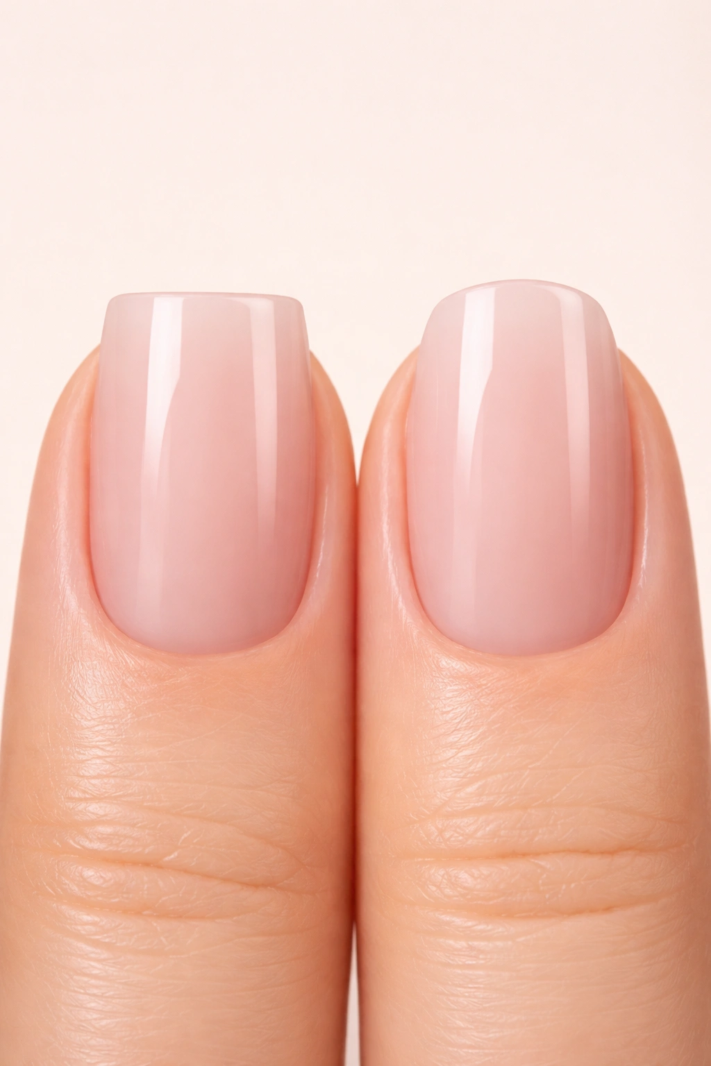 Two nails side by side showing a soft square and a squoval shape