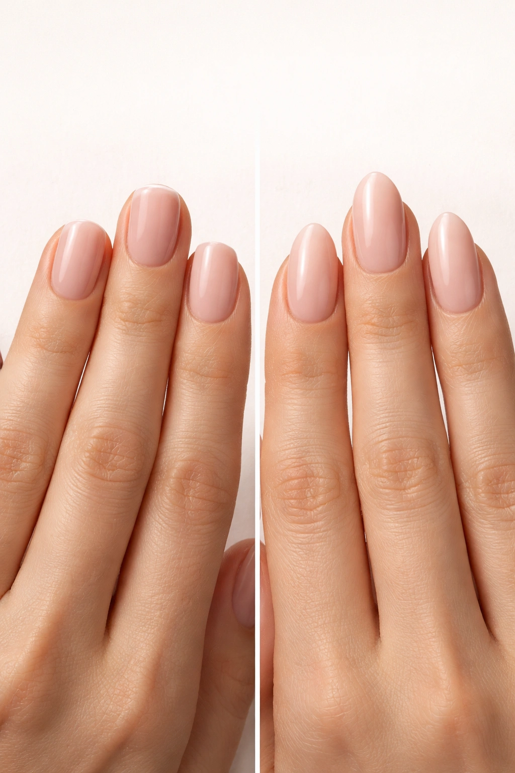 Close-up of two hands showing different nail shapes (rounded vs square) on a neutral background