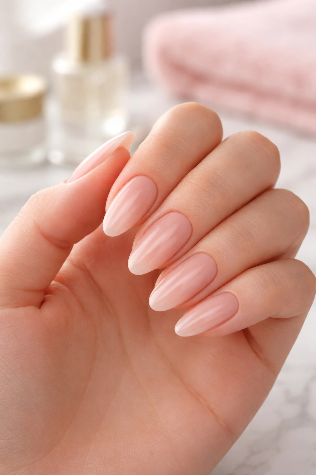 Close-up of hands showing well-groomed nails and pushed-back cuticles to create an elongated nail bed look