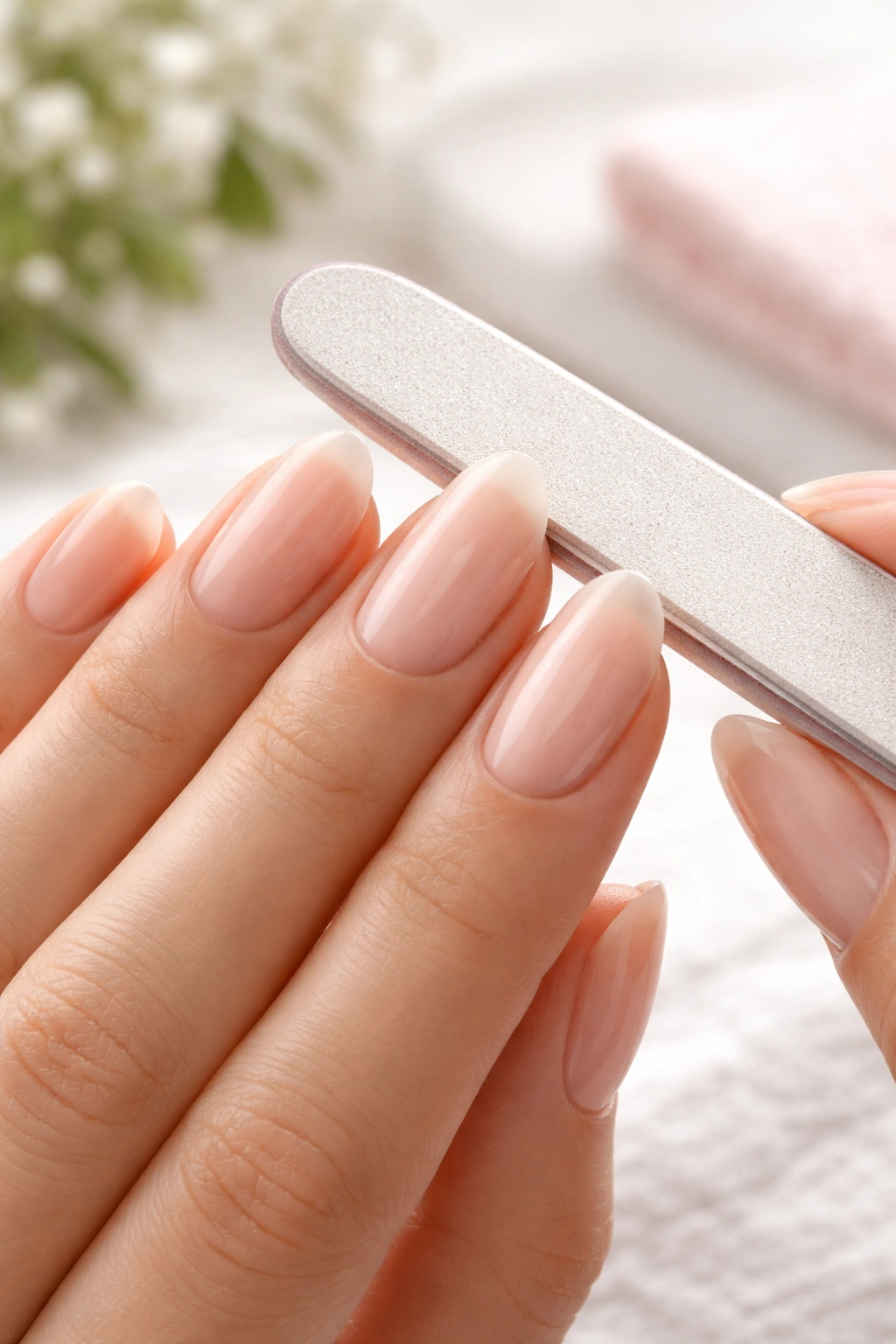 Hand shaping long round nails with a gentle file