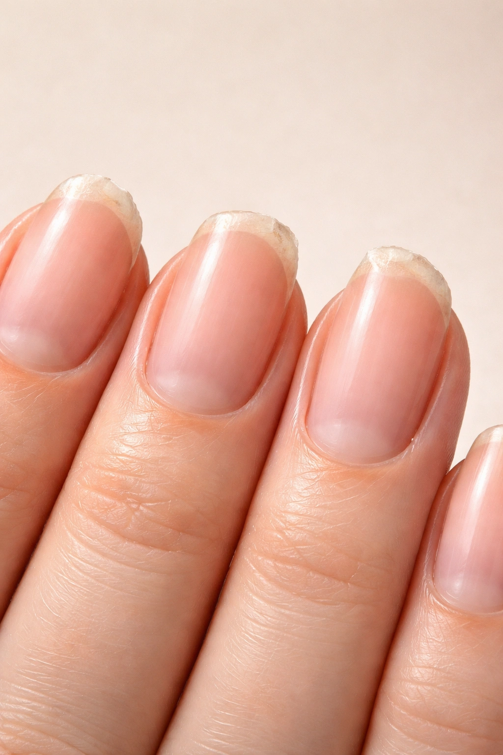 Close-up of nails with uneven edges illustrating nail shape mistakes