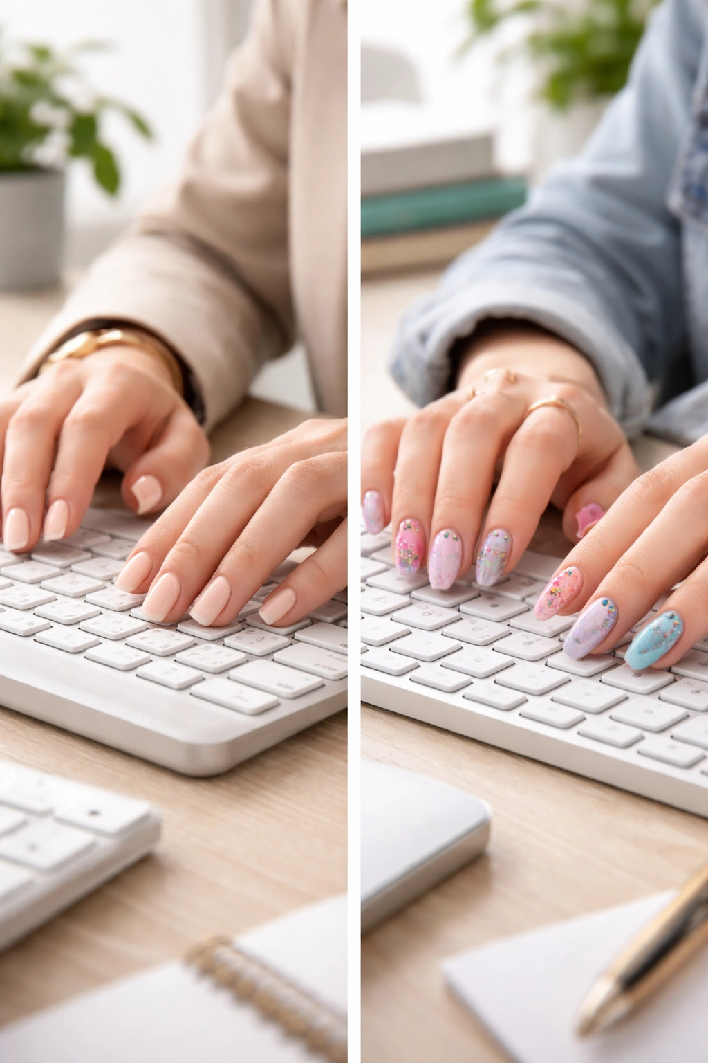 Two hands on keyboard with different nail styles for corporate vs creative contexts