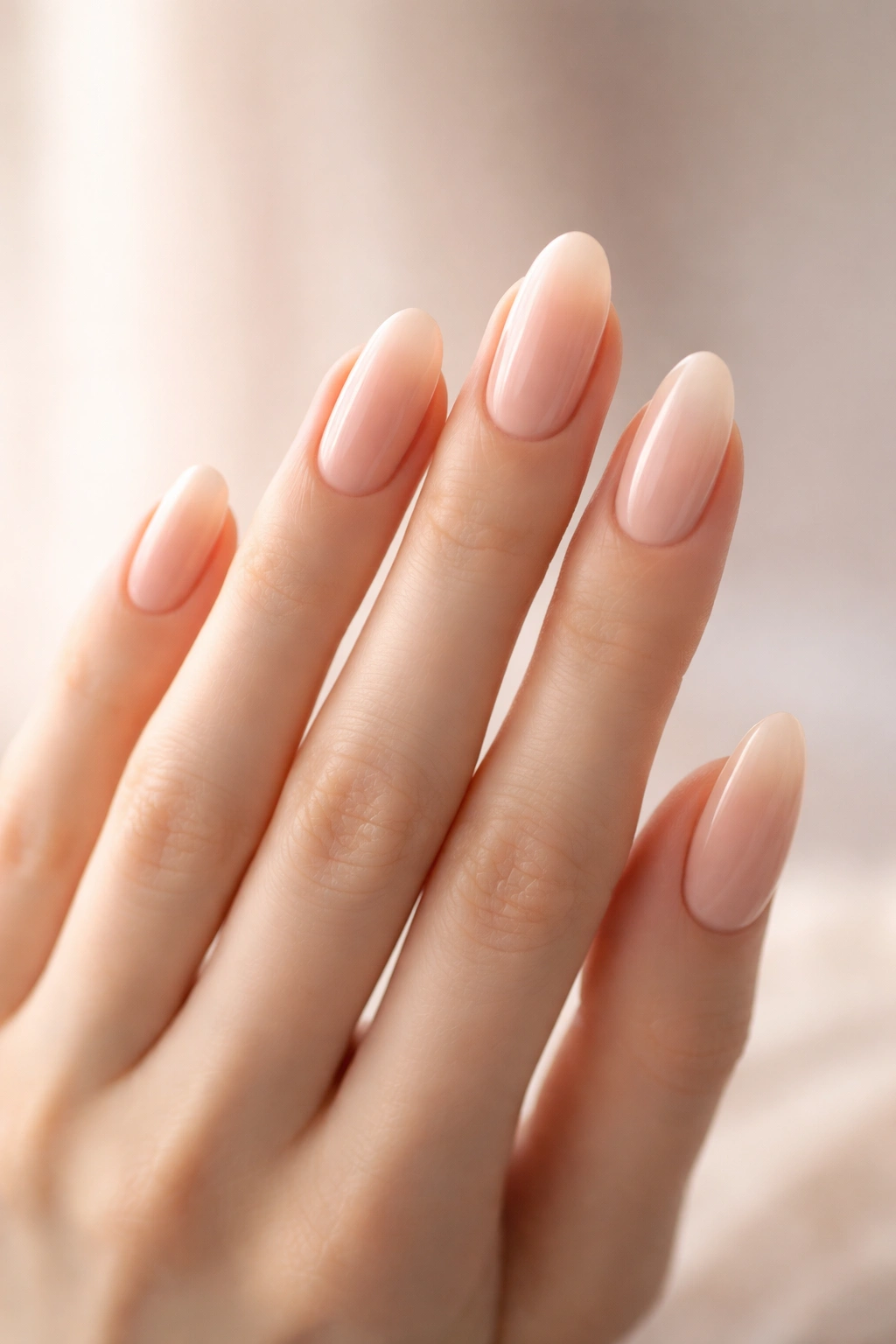 Close-up of slim fingers with oval and almond nail shapes under soft studio lighting