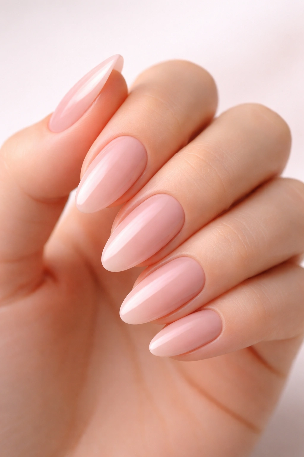 Close-up of a hand displaying almond and oval nail shapes to illustrate elongation.