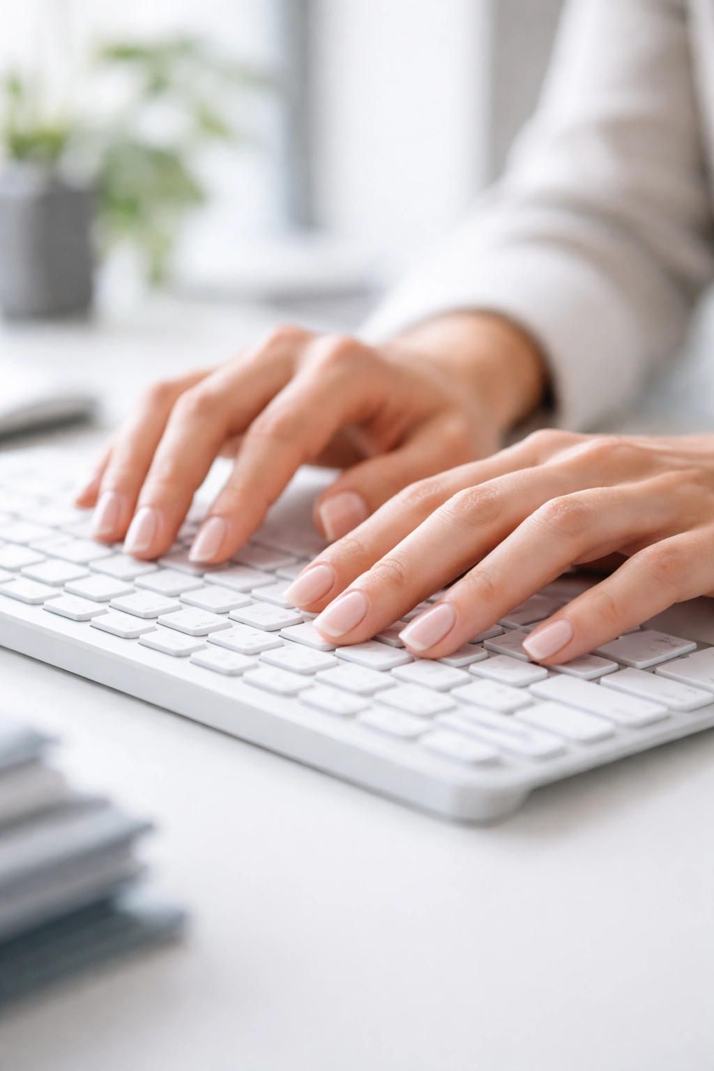 Close-up of hands typing with practical rounded nails on a keyboard in an office