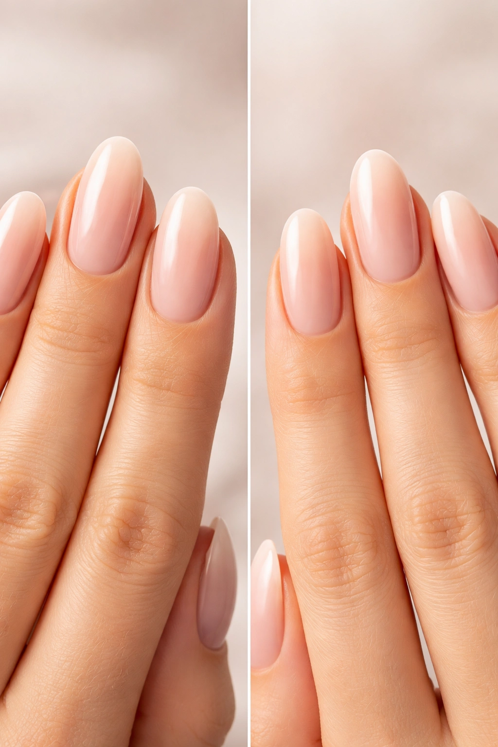 Close-up of hands showing long round nails on different nail bed widths