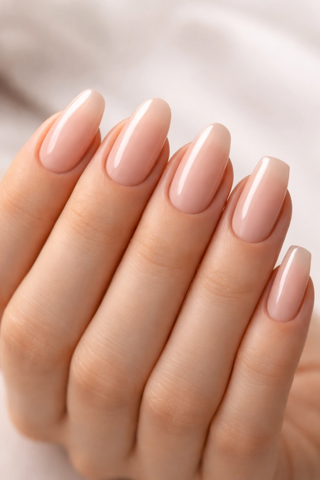 Close-up of a hand showing oval, almond, round, square, and coffin nail shapes on natural nails
