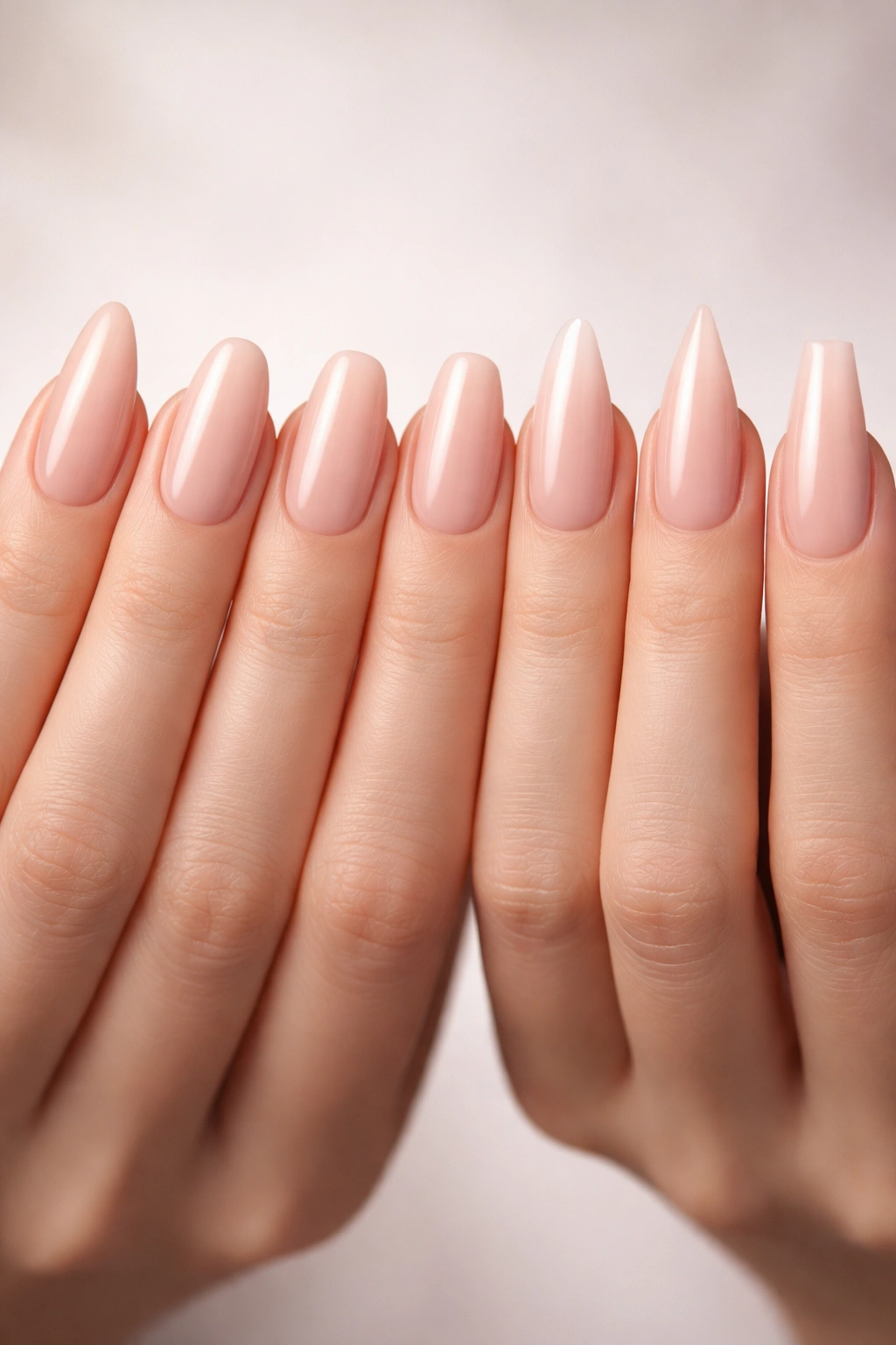 Close-up of nails in various shapes: almond, oval, square, squoval, stiletto, coffin