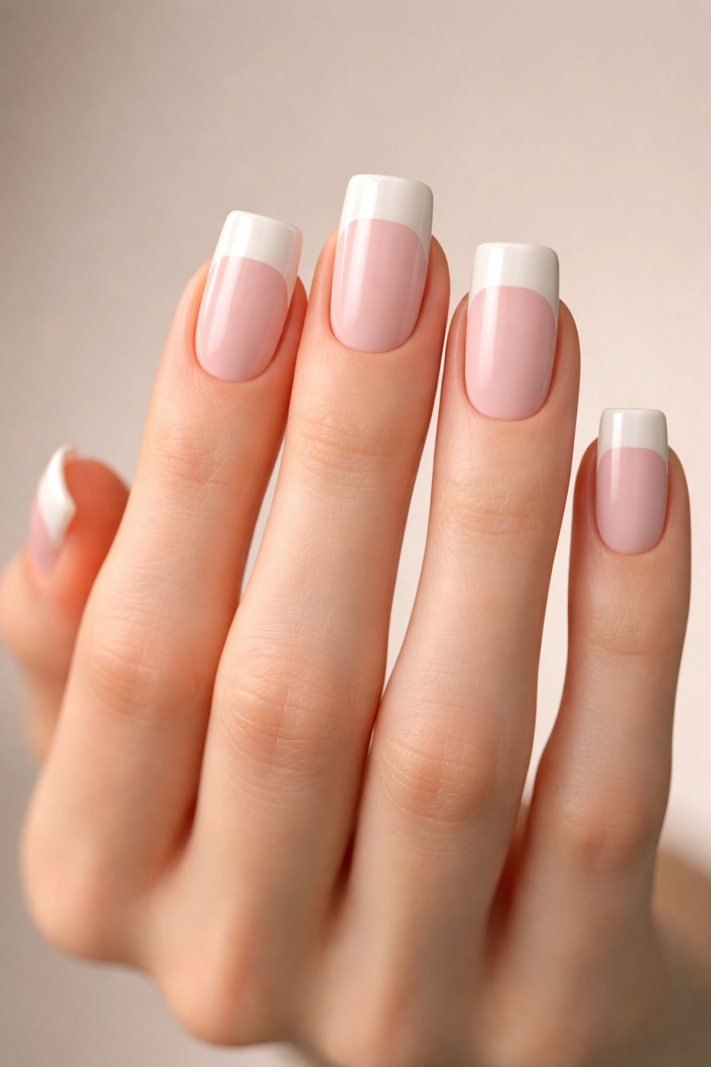 Close-up of hand with wide blunt nails on slim fingers