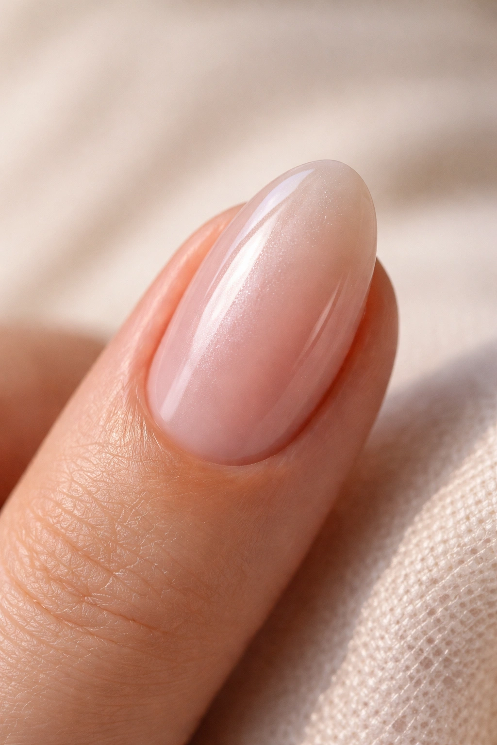 Close-up of a short almond nail with sheer pink beige base and glossy top coat