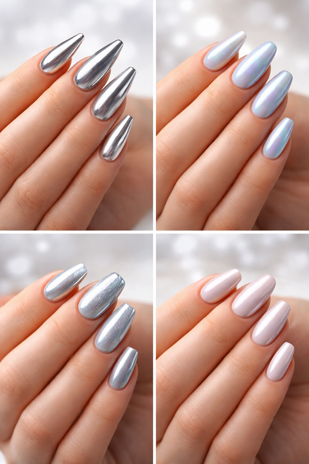 Nails in different shapes with chrome finishes illustrating shape options
