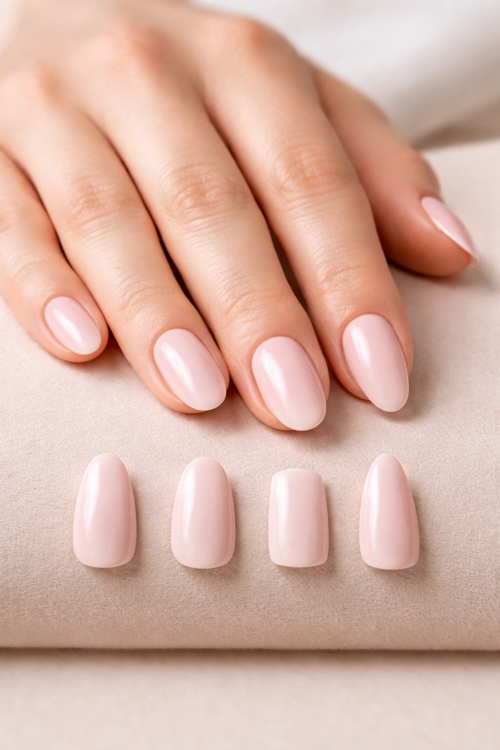 Close-up of a hand showing different nail shapes: almond, oval, square, stiletto