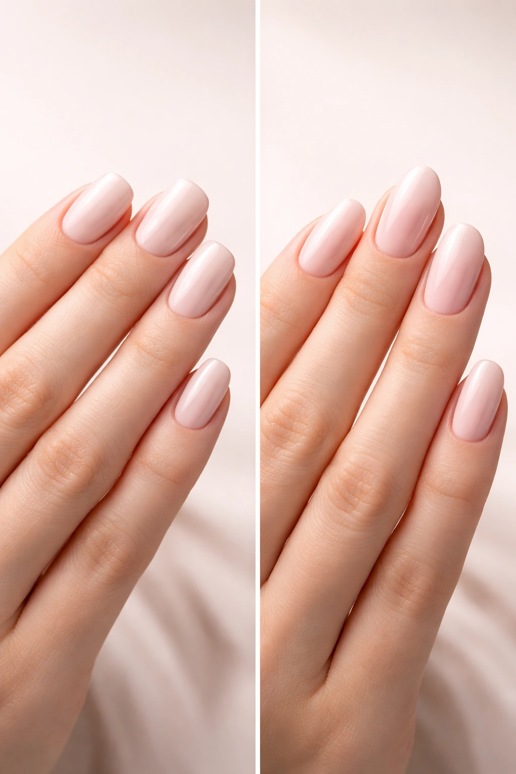Close-up of hands showing squoval and oval nails to illustrate shape impact on appearance