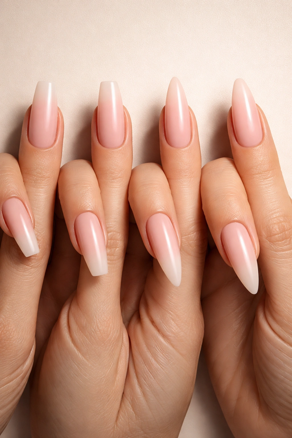 Lineup of long acrylic nails in four shapes: square, coffin, stiletto, almond on neutral backdrop