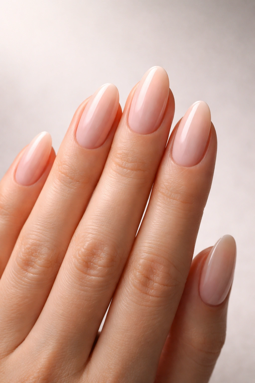 Close-up of a hand with oval and almond nails to elongate short fingers