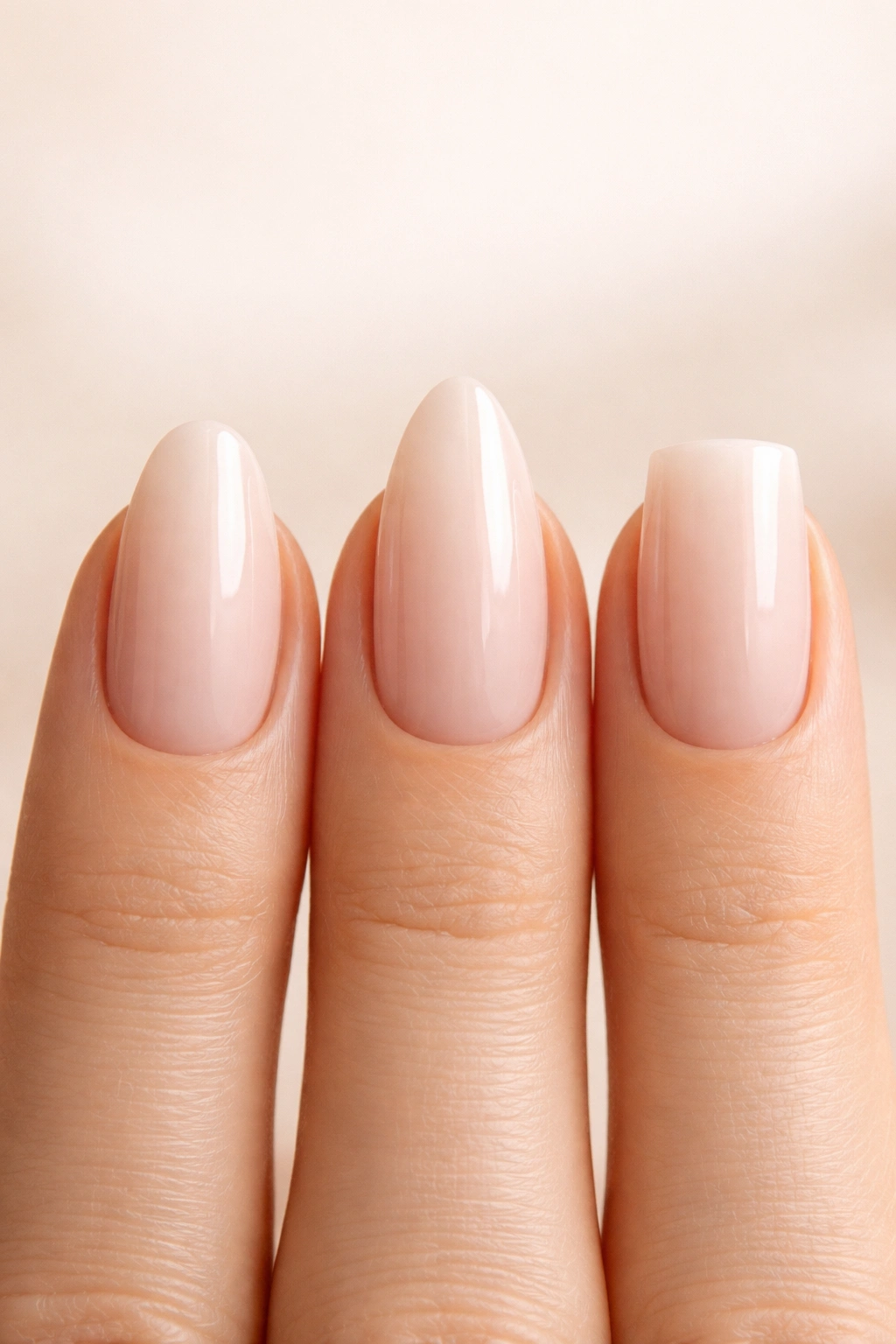 Hand showing three nail shapes: oval, almond, and square