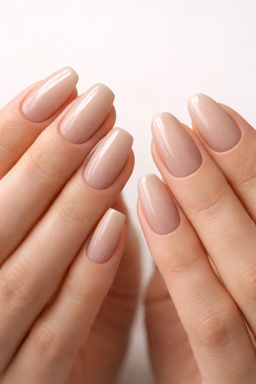 Close-up of hands showing oval and squoval nails in neutral manicure