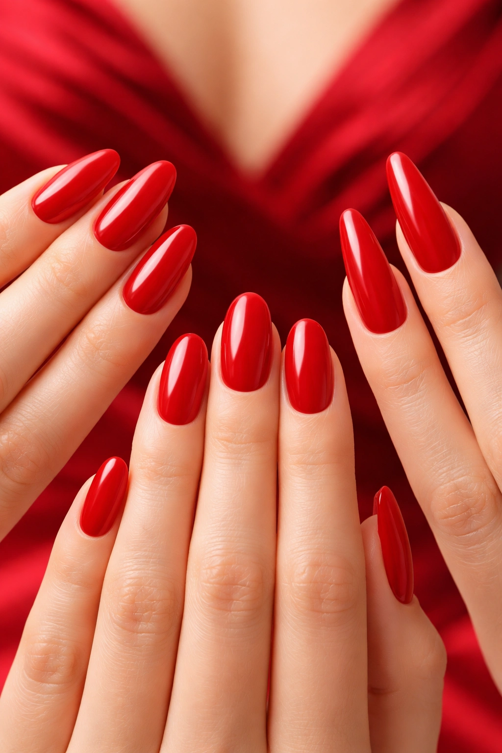 Close-up of hands with almond, oval, and coffin-shaped nails against soft red dress fabric