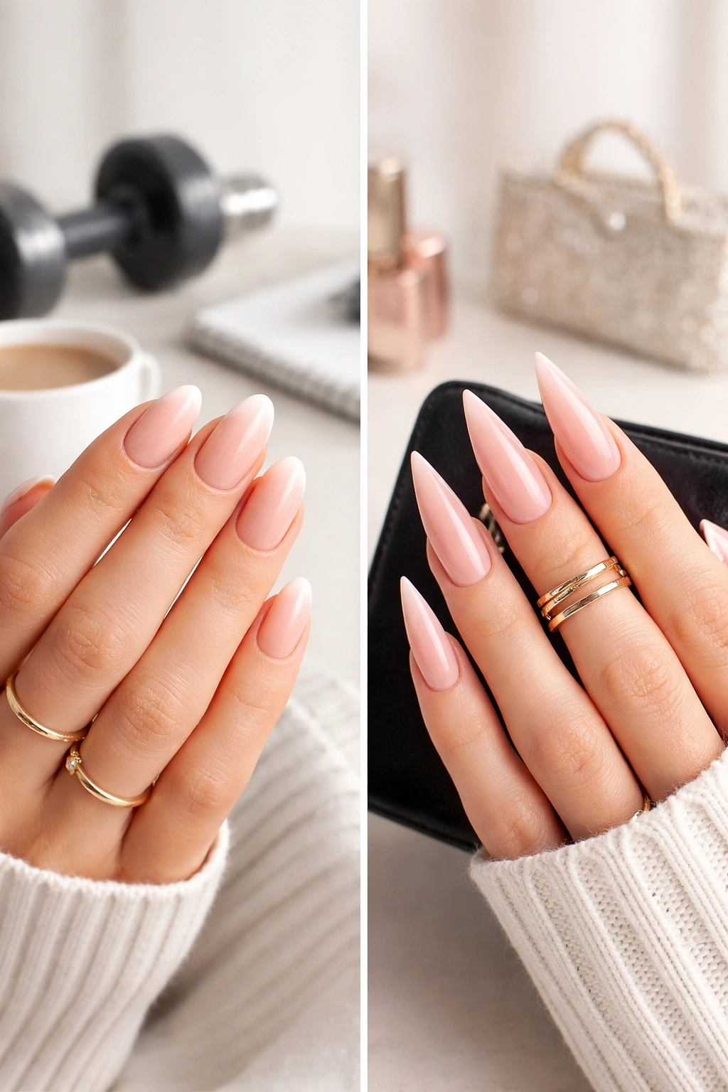 Side-by-side hands with round nails and stiletto nails highlighting shape differences