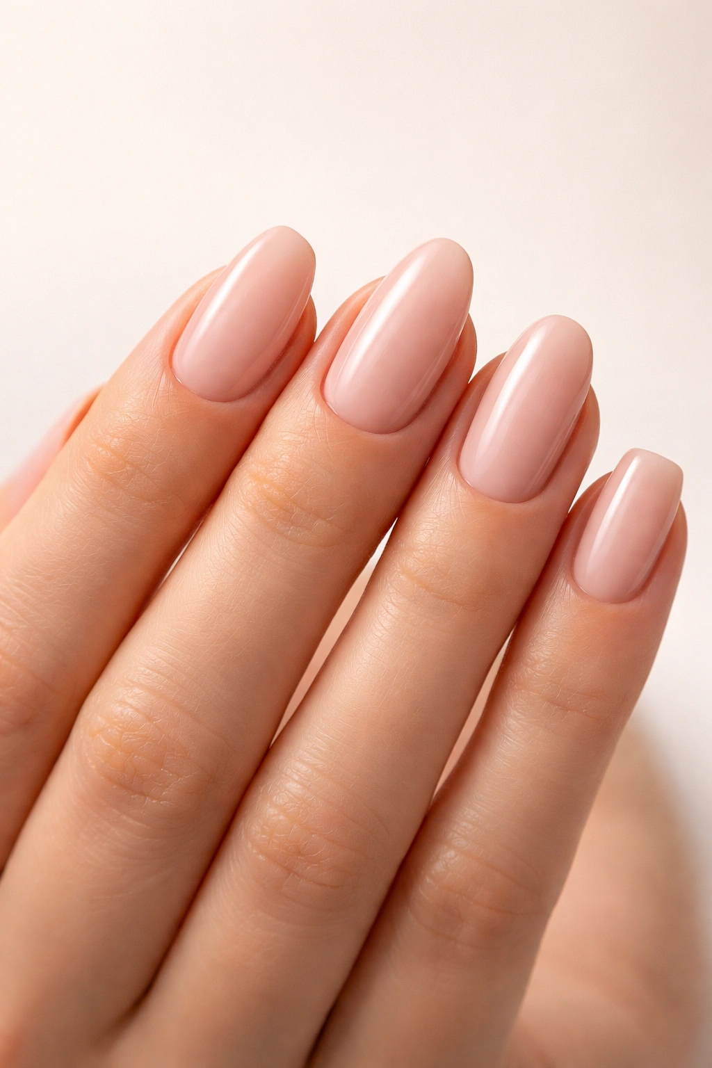 Close-up of nails with rounded oval almond squoval shapes on a neutral background