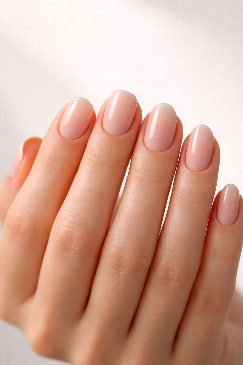 Close-up of a hand with short nails showing multiple shapes: round, oval, square, squoval, almond on a neutral background