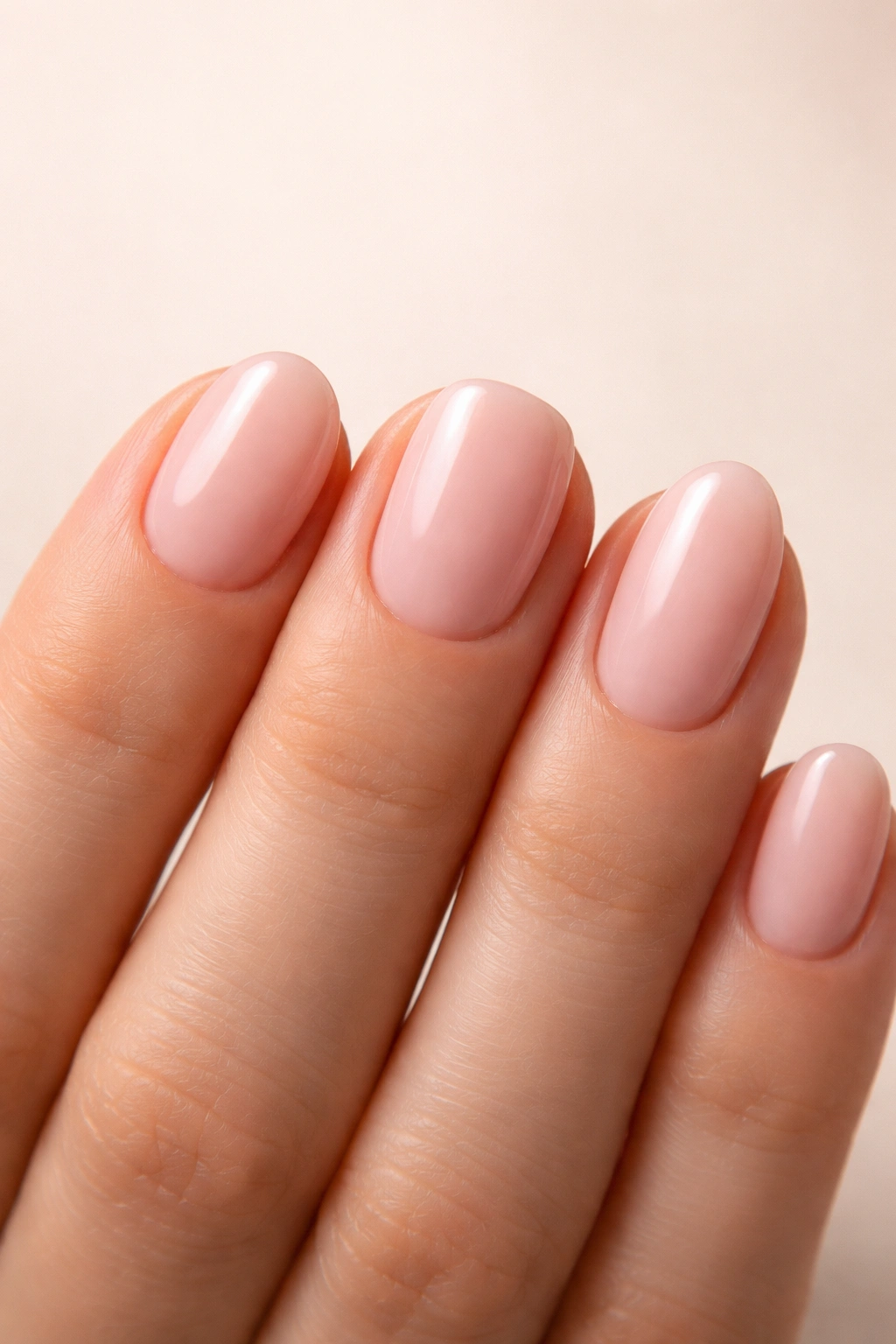 Close-up of a hand showing round, squoval, and oval short nail shapes on neighboring nails