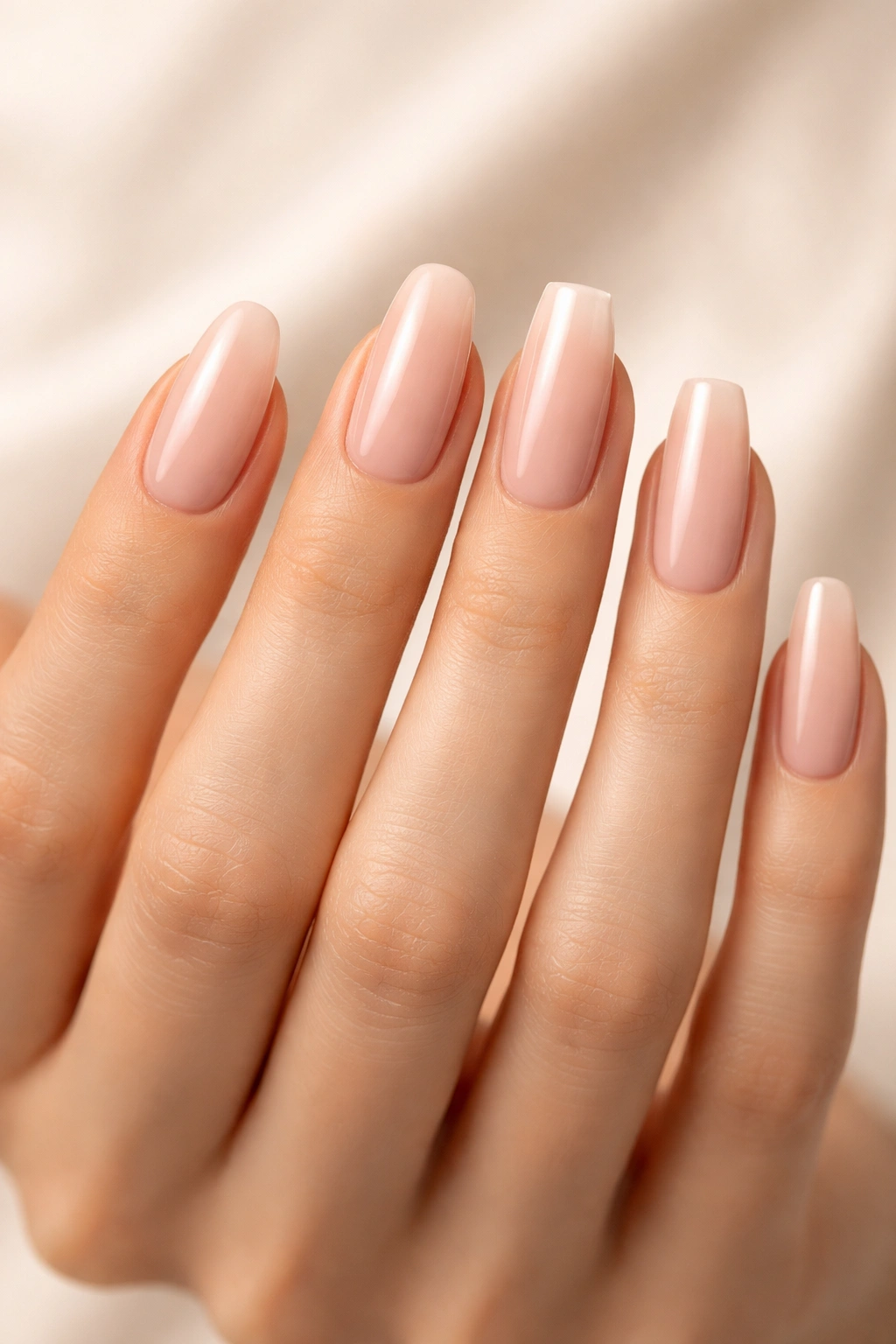 Close-up of slim fingers with nails in various shapes (oval, almond, square, ballerina, coffin) on a neutral background
