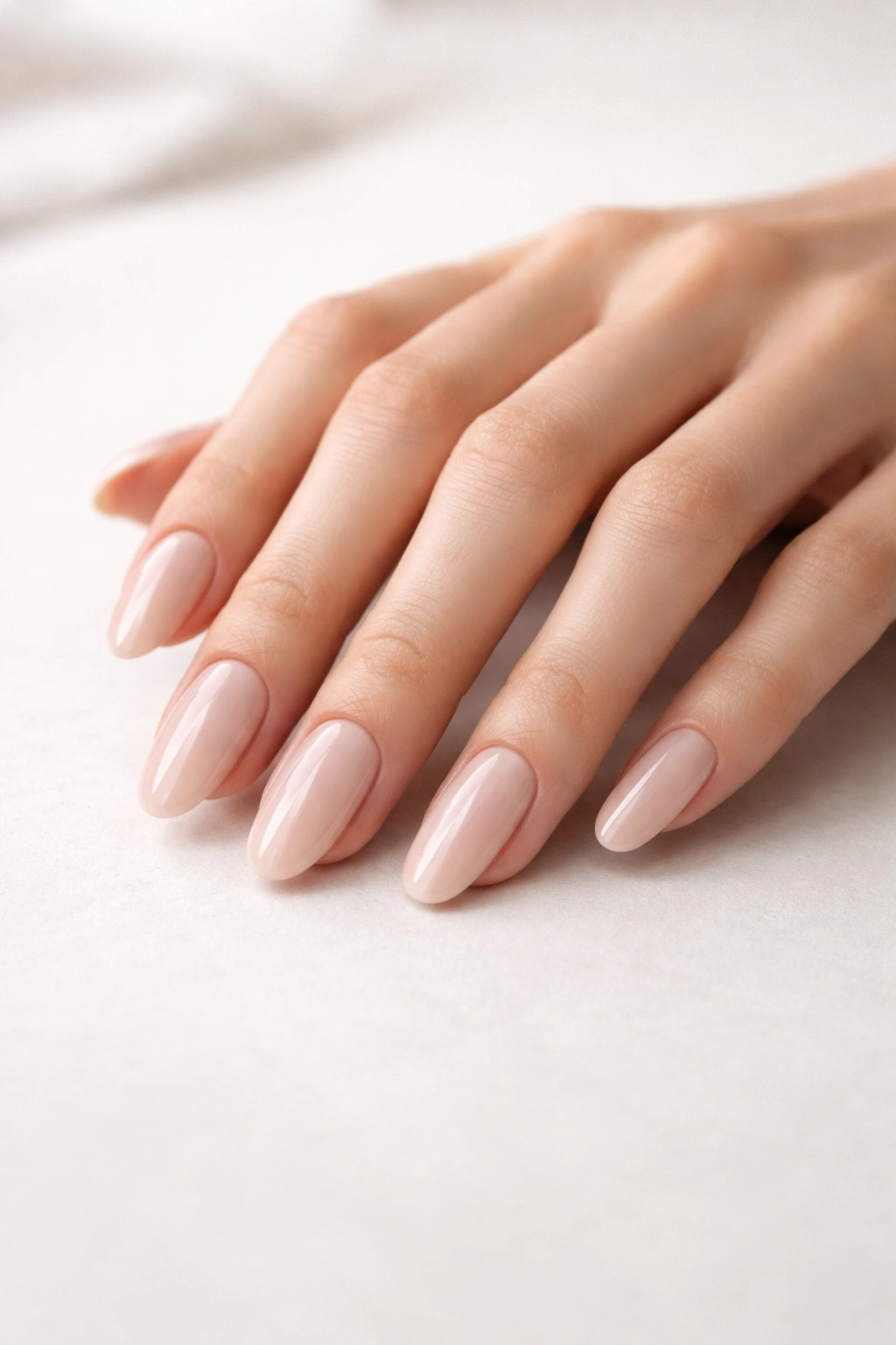 Close-up of slim fingers displaying mixed nail shapes on neutral polish against a clean background