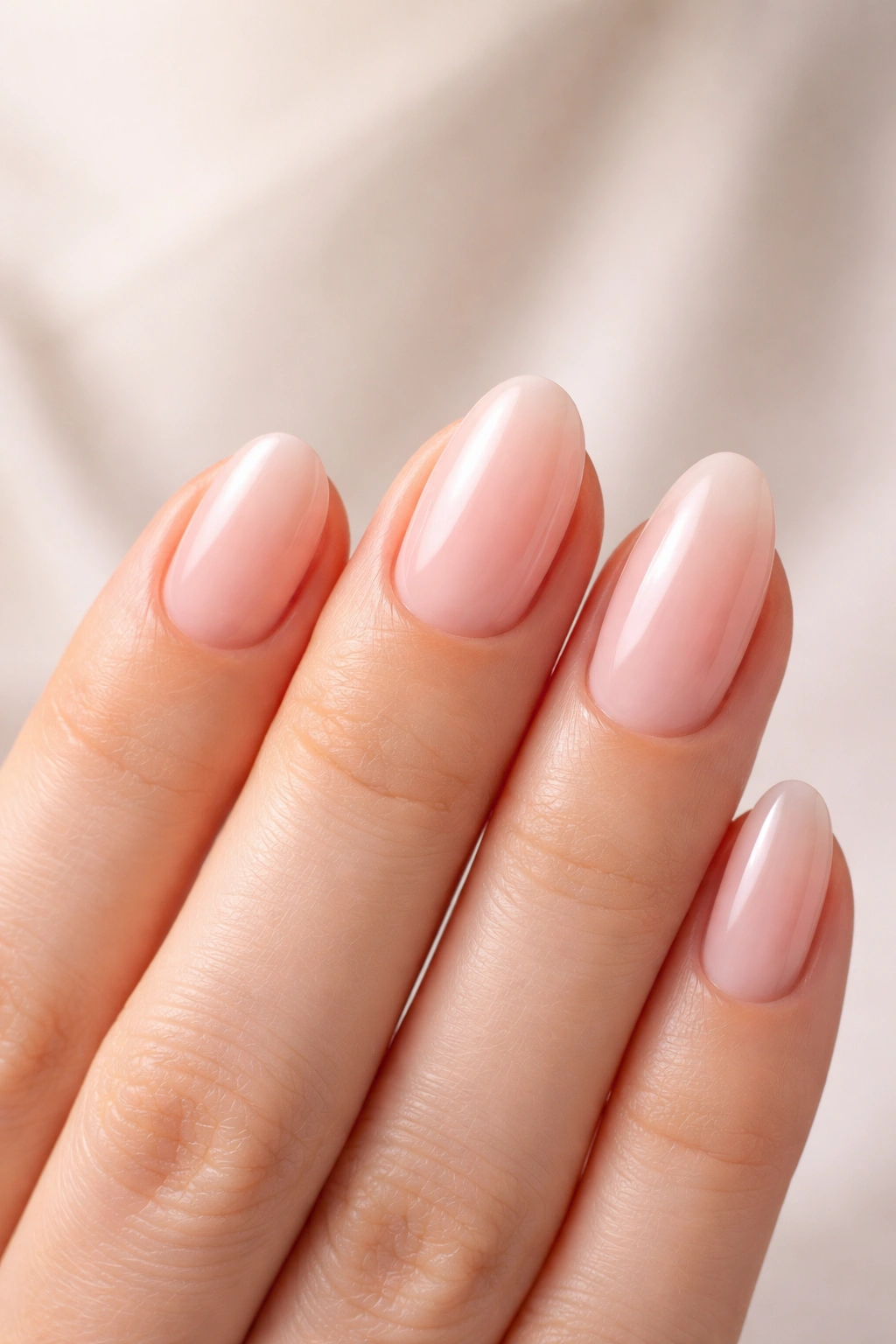 Close-up of nails with round, oval, and almond shapes on a small nail bed for flattering effect
