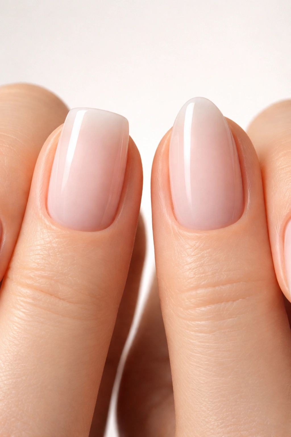 Close-up of square and almond short acrylic nail shapes on a hand
