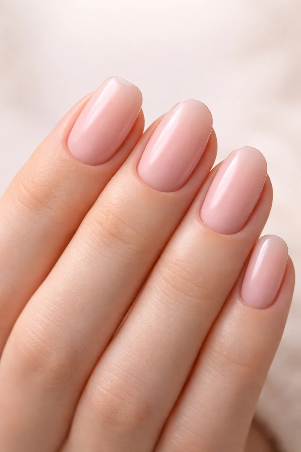 Close-up of a hand showing squoval, oval, and round nail shapes on short nails