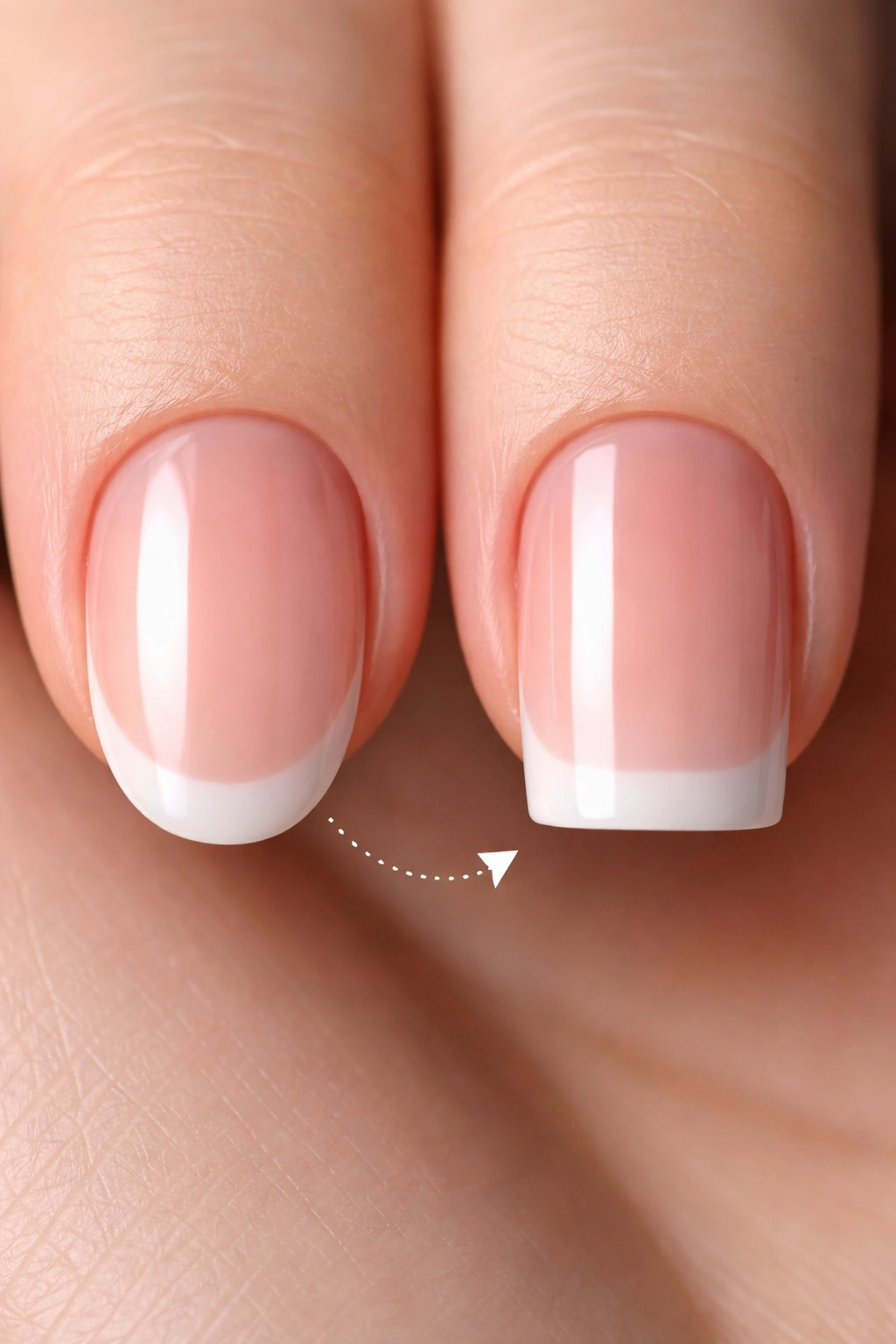 Close-up of nails transitioning from round to square shapes on a hand