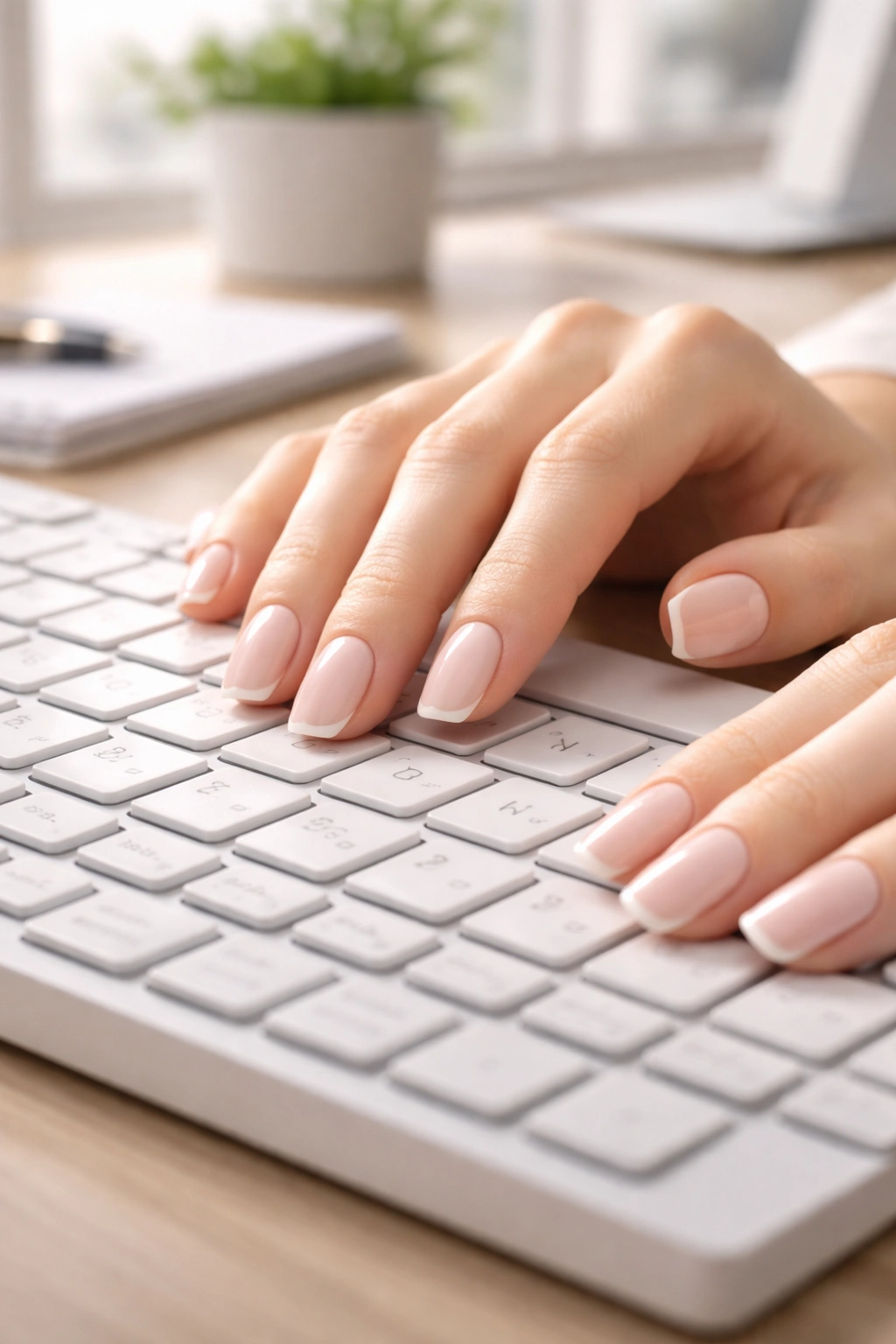 Hands on keyboard showing round and squoval nail shapes