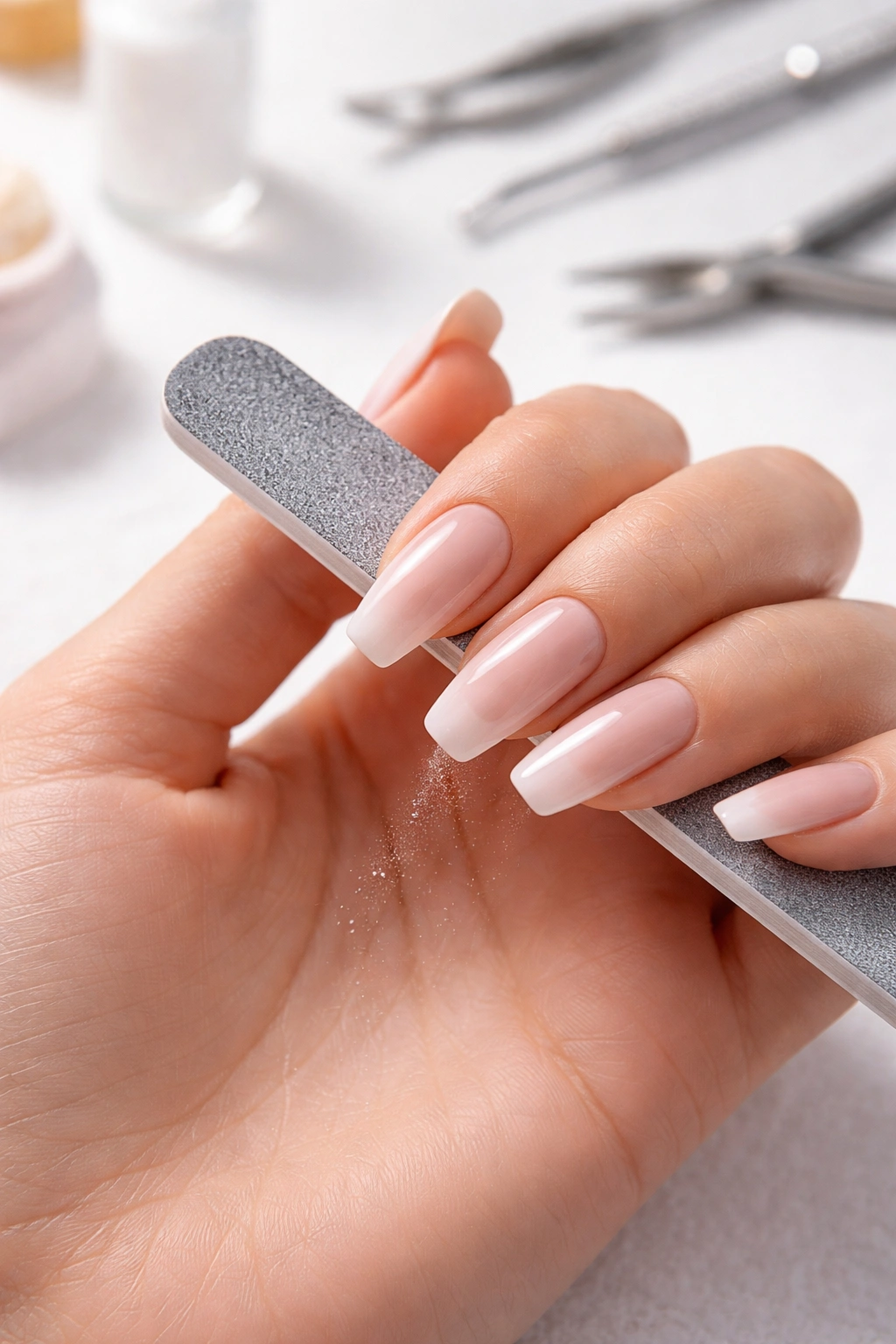 Hand shaping finish nails with a file to refine edges