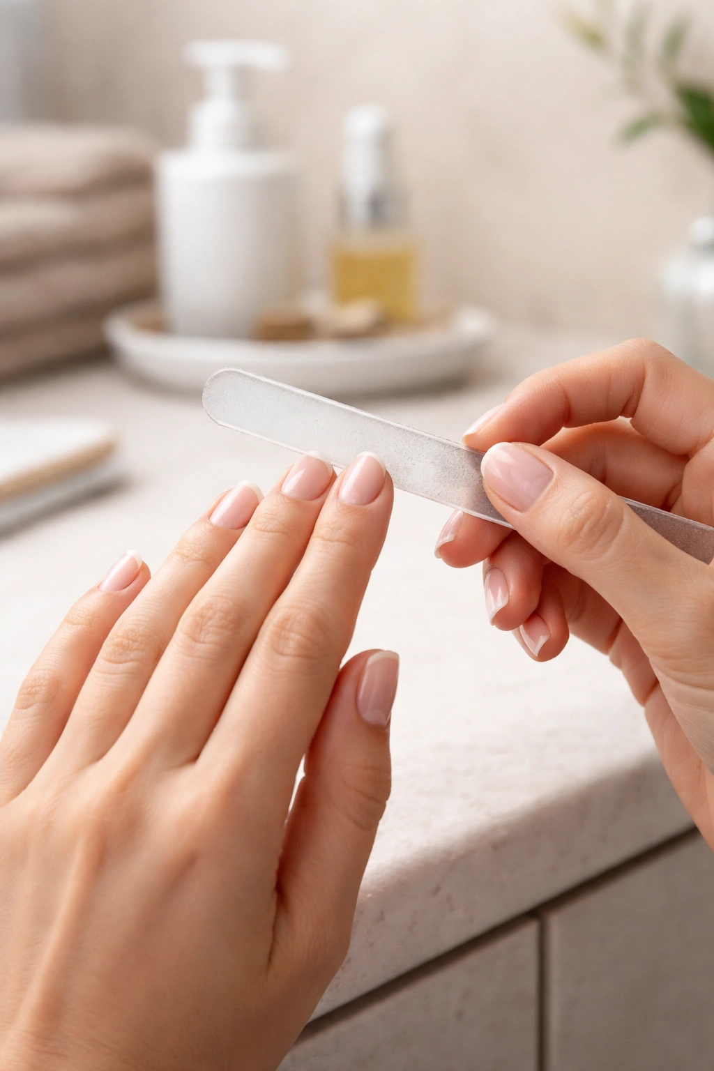Hand filing nails with a glass file using one-direction technique