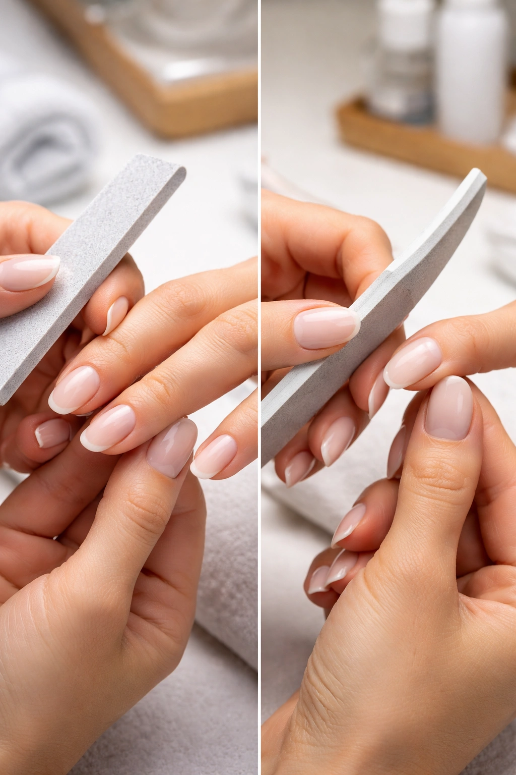 Nail tech filing nails into oval and squoval shapes during application