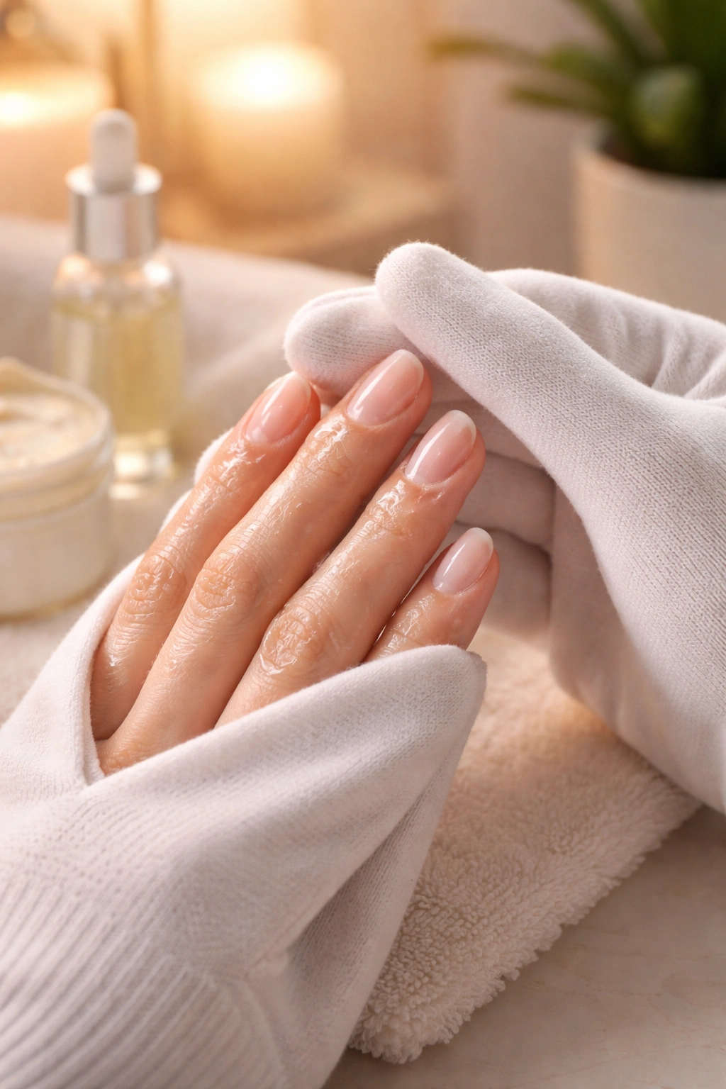Hands with thick ointment over cuticles and cotton gloves for overnight slugging