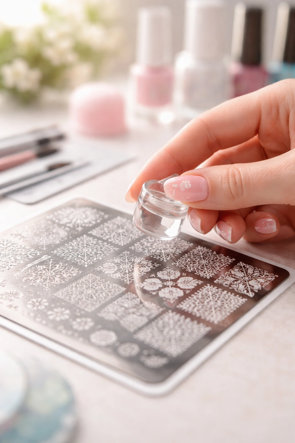 Close-up of a manicured hand nearing a stamping plate in a minimal setup