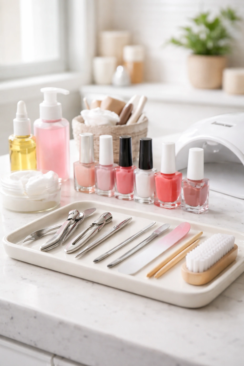 Neatly organized at-home nail station with tools and bottles on a bright vanity
