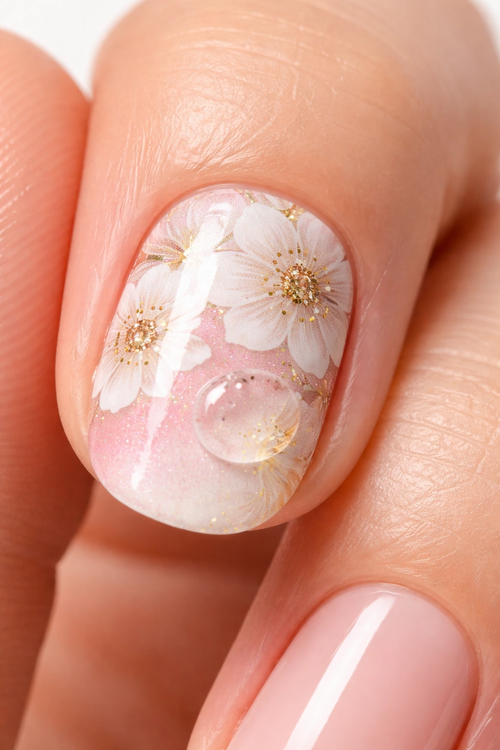 Close-up of oversized nail sticker overlapping the cuticle with an air bubble illustrating mistakes