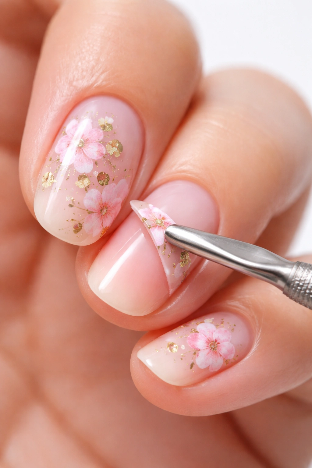 Gentle removal of nail sticker using cuticle tool to protect the nail plate