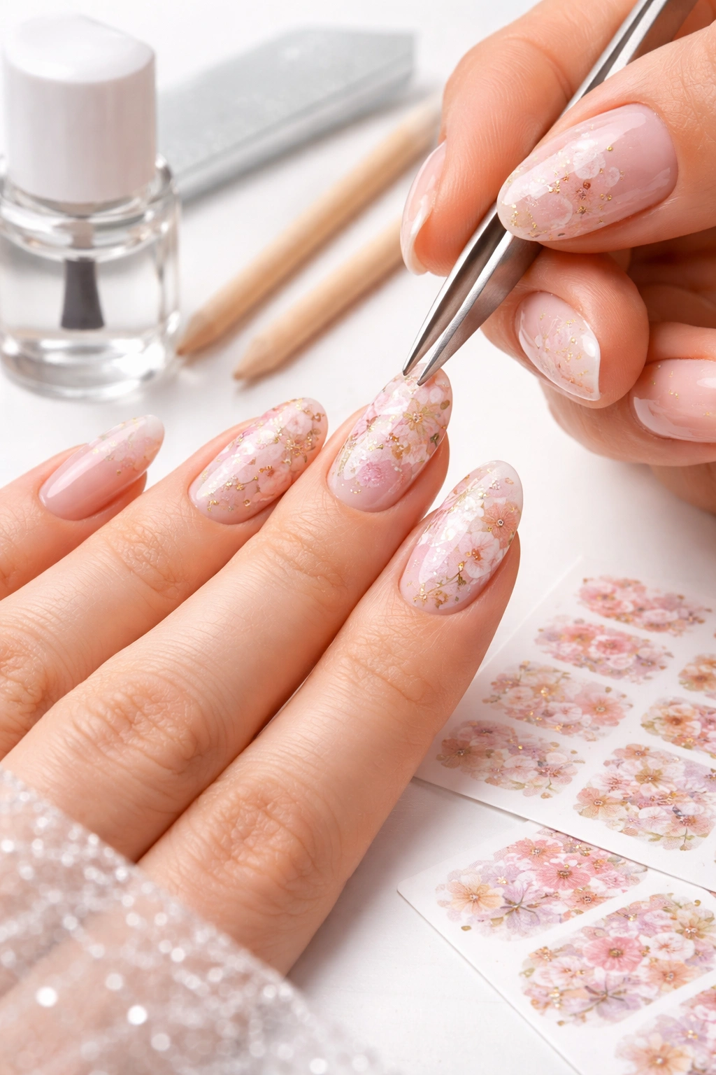 Close-up of perfectly applied nail stickers with high gloss shine