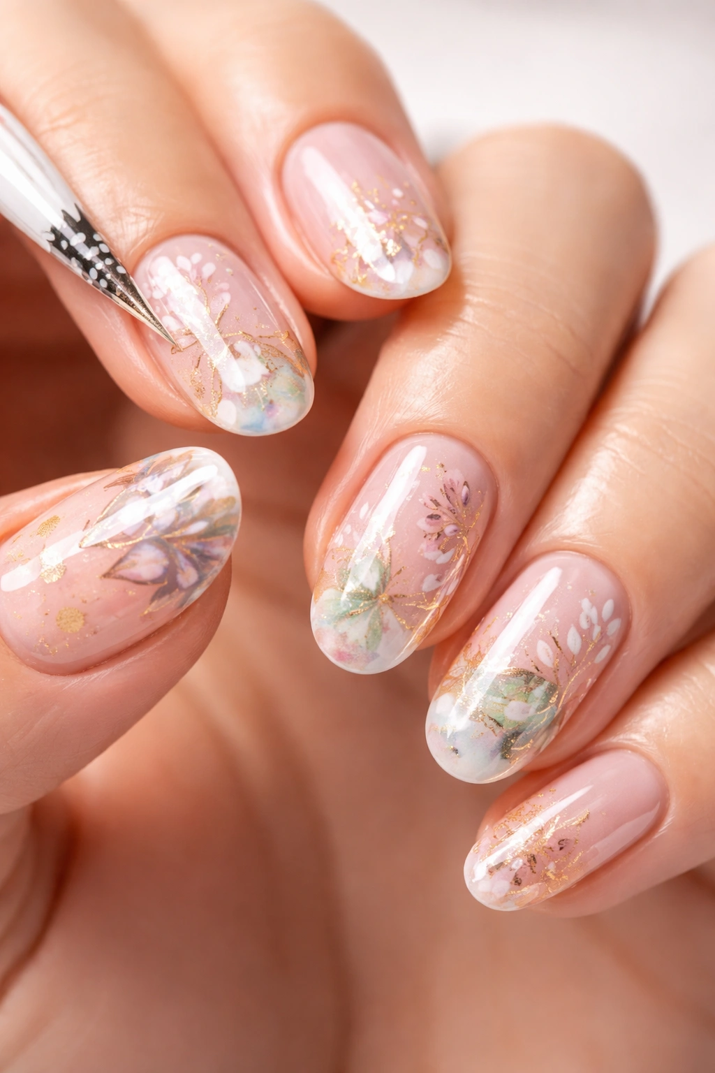 Close-up of nails with sticker manicure and glossy top coat, long-lasting wear