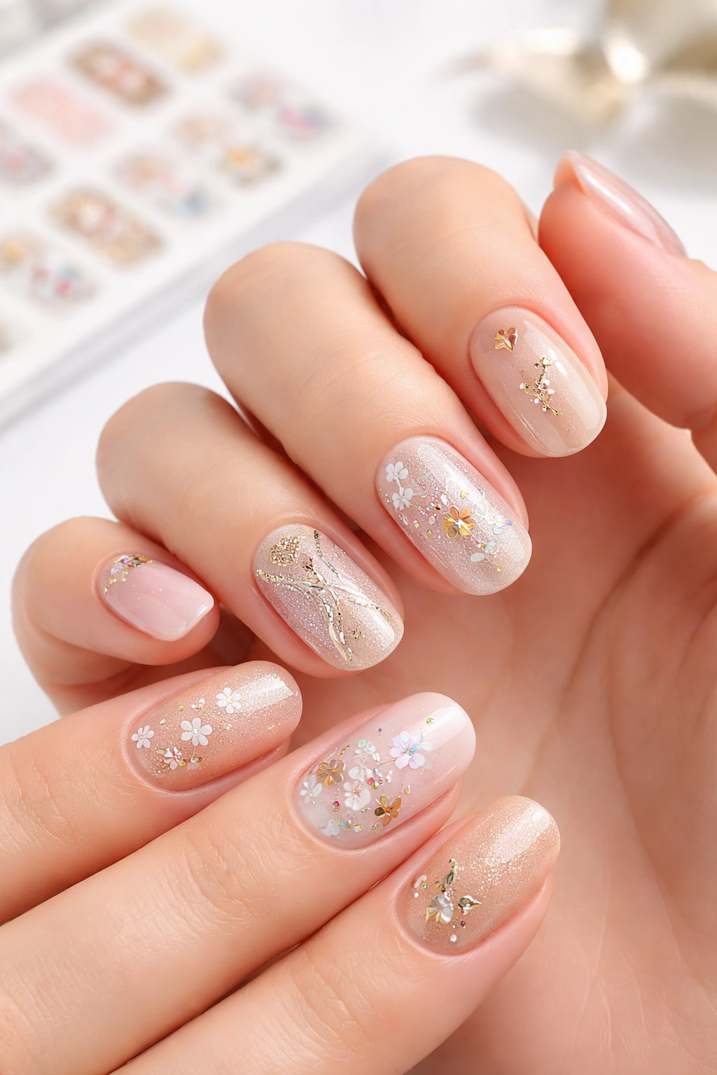 Close-up of nails with decorative nail stickers on polished surfaces